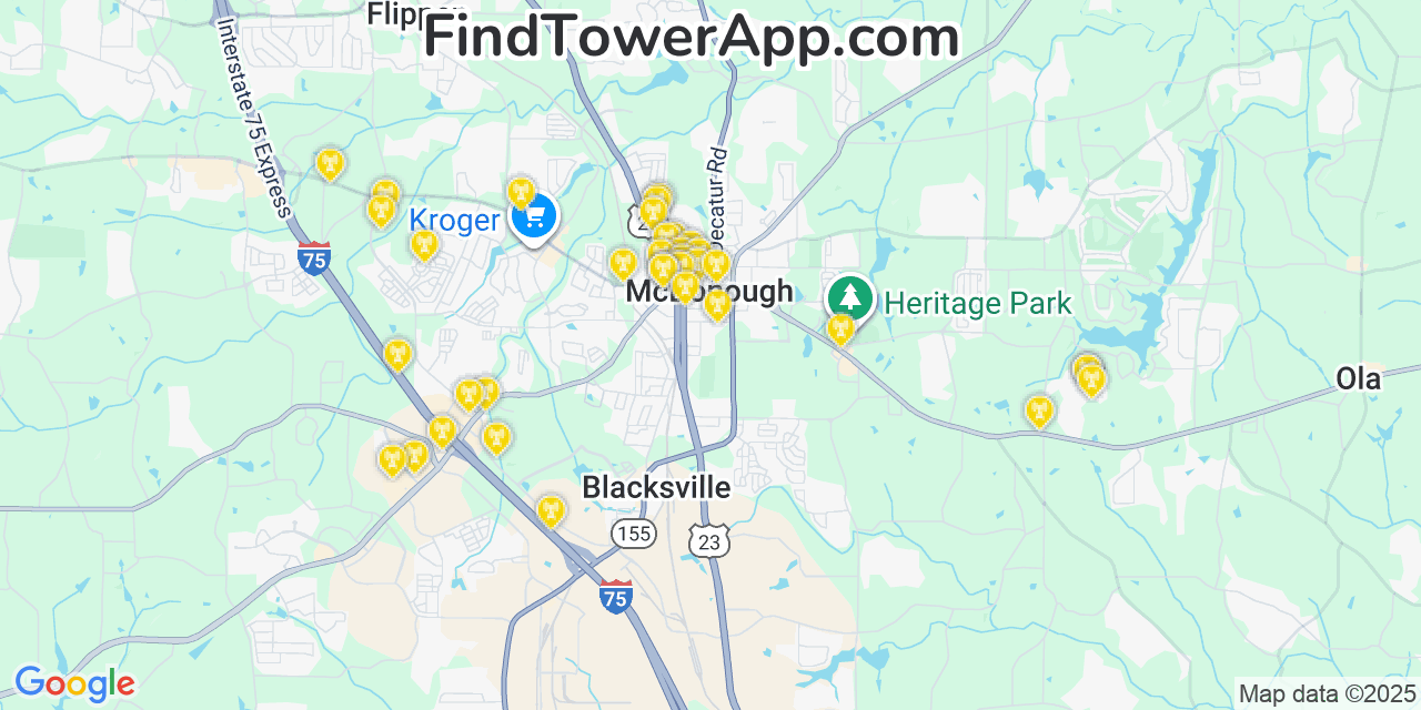Map showing the 20 primary Verizon cell tower locations detected in Mcdonough, Georgia with coverage radius and signal strength indicators