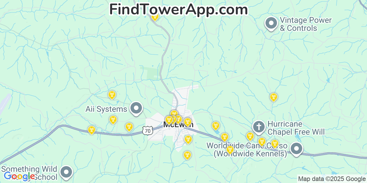 Map showing the 24 primary AT&T cell tower locations detected in Mcewen, Tennessee with coverage radius and signal strength indicators