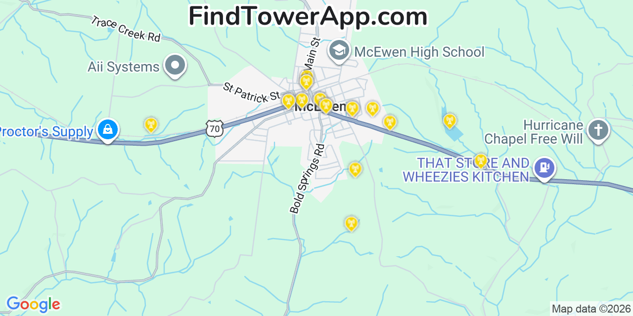Map showing the 20 primary cell tower locations detected in Mcewen, Tennessee from AT&T, Verizon, and T-Mobile networks
