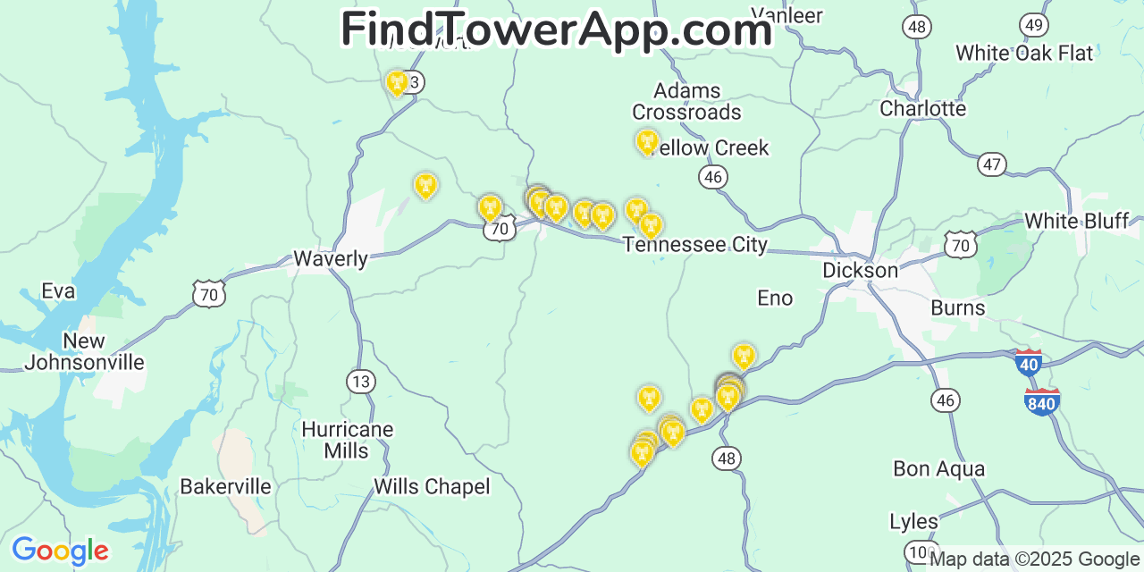 Map showing the 39 primary T-Mobile cell tower locations detected in Mcewen, Tennessee with coverage radius and signal strength indicators