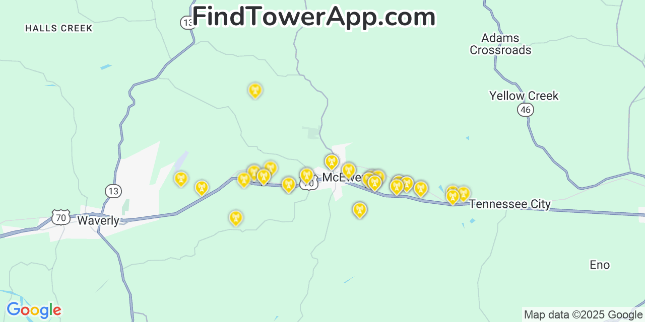 Map showing the 39 primary Verizon cell tower locations detected in Mcewen, Tennessee with coverage radius and signal strength indicators