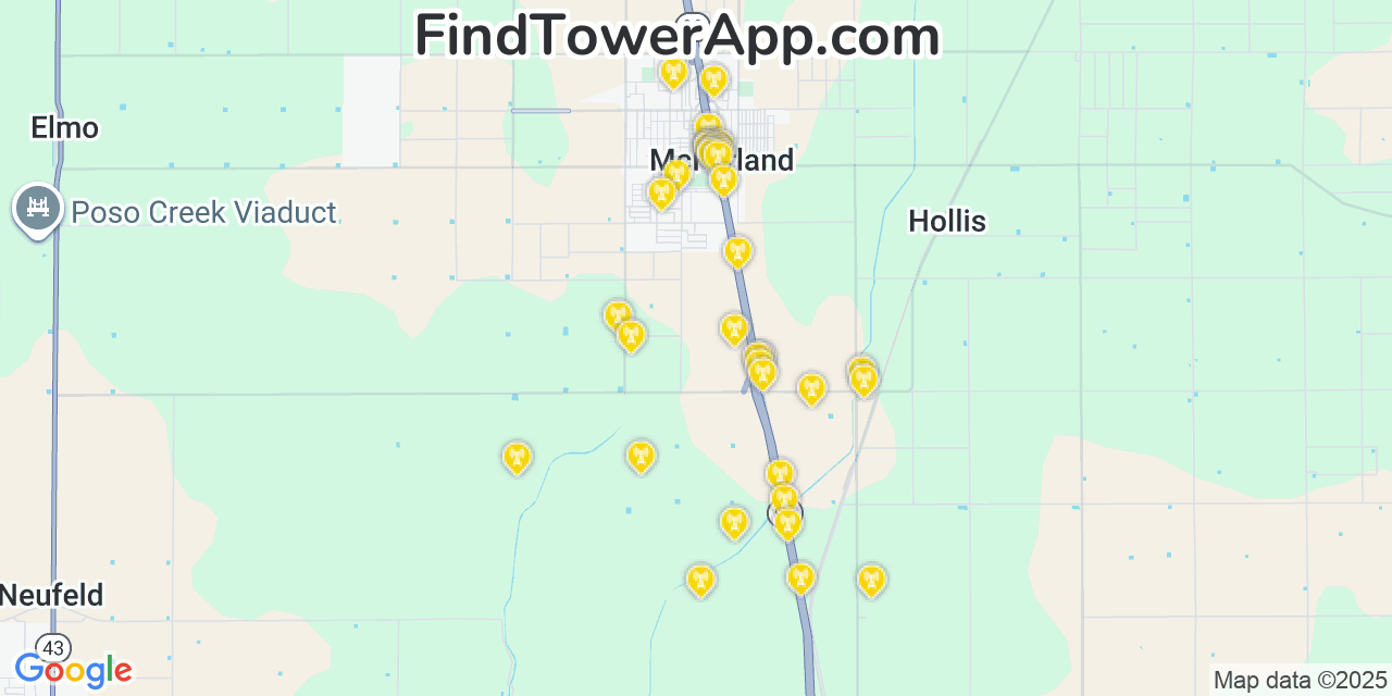 Map showing the 35 primary AT&T cell tower locations detected in Mcfarland, California with coverage radius and signal strength indicators