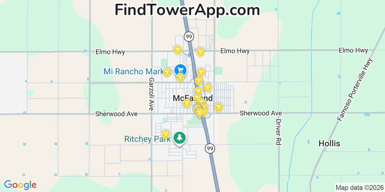 Map showing the 20 primary cell tower locations detected in Mcfarland, California from AT&T, Verizon, and T-Mobile networks