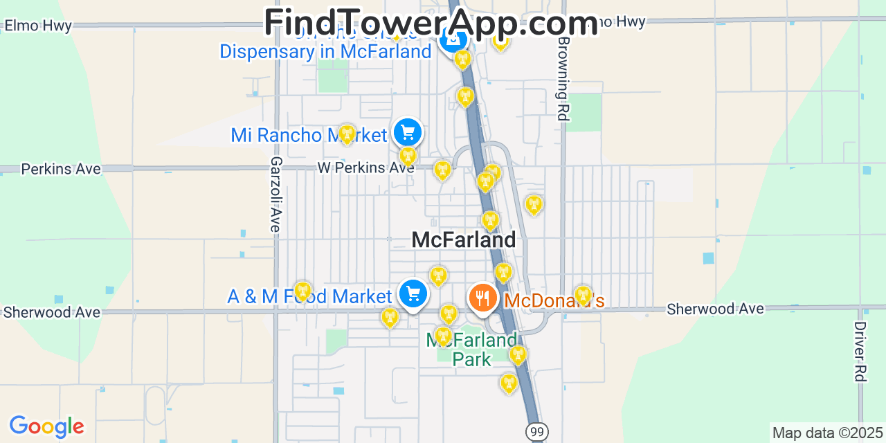 Map showing the 20 primary T-Mobile cell tower locations detected in Mcfarland, California with coverage radius and signal strength indicators
