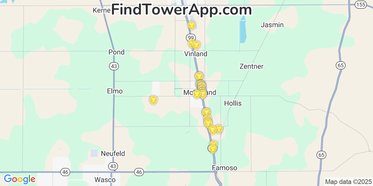 Map showing the 28 primary Verizon cell tower locations detected in Mcfarland, California with coverage radius and signal strength indicators