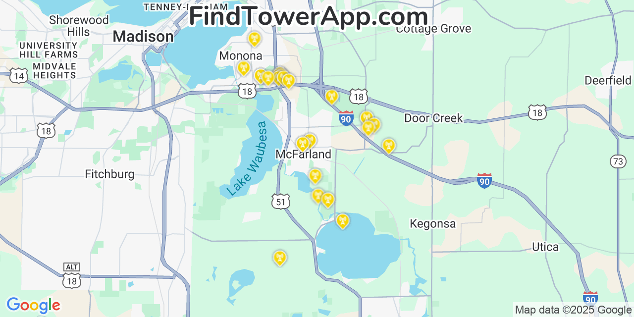 Map showing the 22 primary AT&T cell tower locations detected in Mcfarland, Wisconsin with coverage radius and signal strength indicators