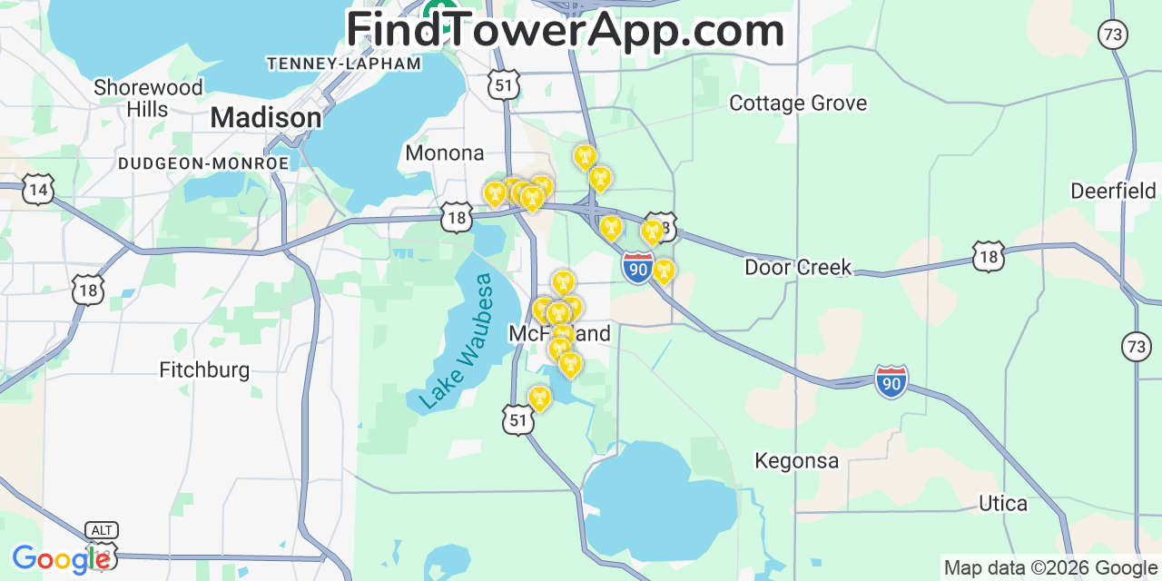 Map showing the 20 primary cell tower locations detected in Mcfarland, Wisconsin from AT&T, Verizon, and T-Mobile networks