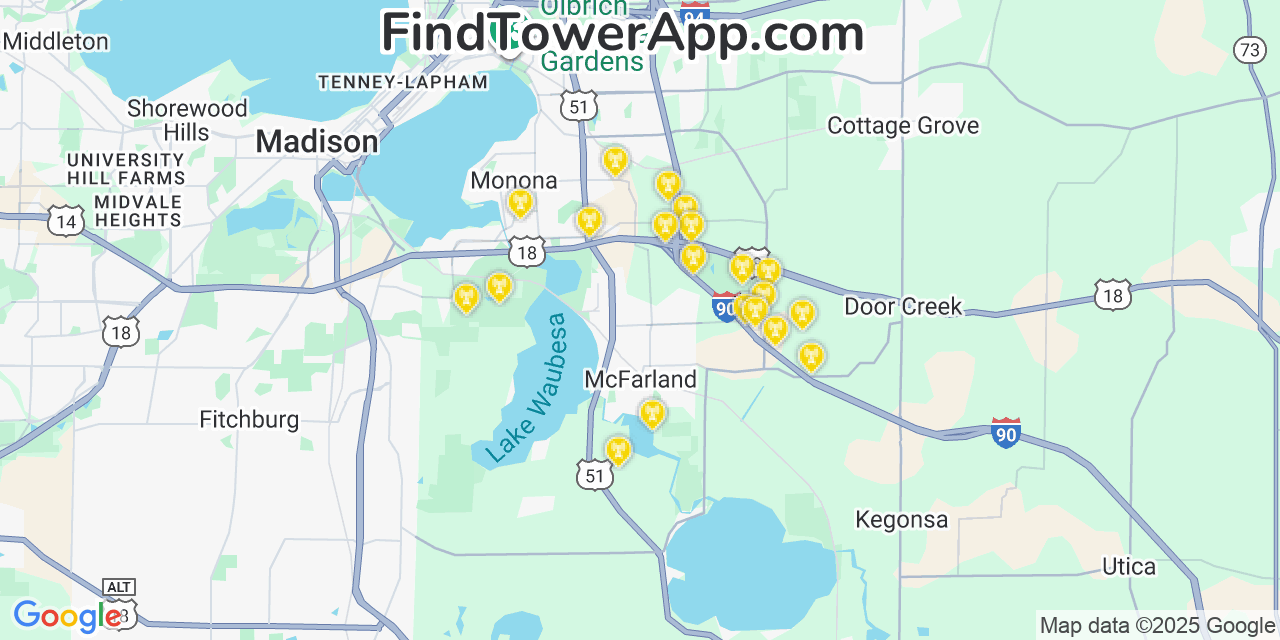 Map showing the 20 primary T-Mobile cell tower locations detected in Mcfarland, Wisconsin with coverage radius and signal strength indicators