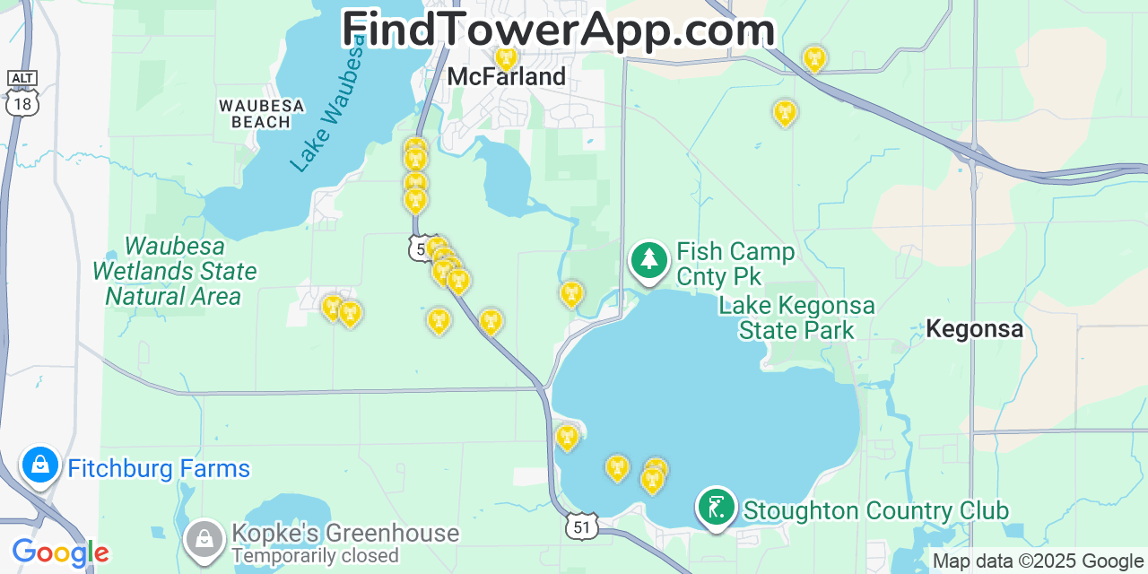Map showing the 21 primary Verizon cell tower locations detected in Mcfarland, Wisconsin with coverage radius and signal strength indicators