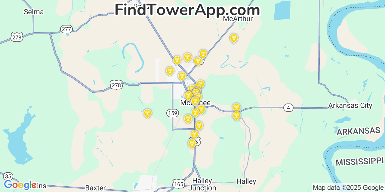 Map showing the 28 primary AT&T cell tower locations detected in Mcgehee, Arkansas with coverage radius and signal strength indicators