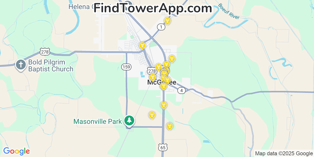 Map showing the 20 primary cell tower locations detected in Mcgehee, Arkansas from AT&T, Verizon, and T-Mobile networks