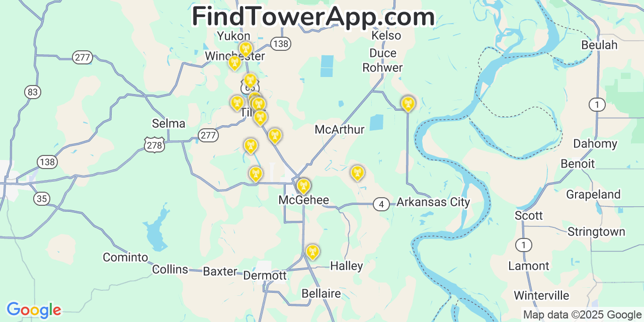 Map showing the 31 primary T-Mobile cell tower locations detected in Mcgehee, Arkansas with coverage radius and signal strength indicators