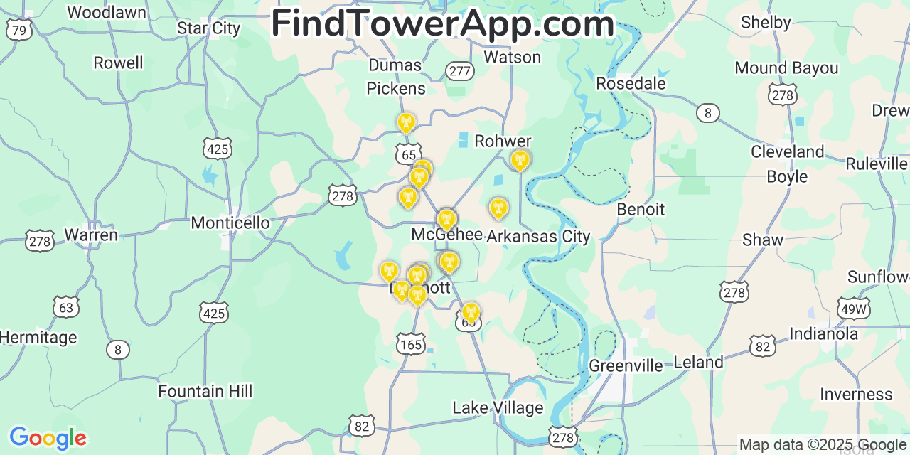 Map showing the 27 primary Verizon cell tower locations detected in Mcgehee, Arkansas with coverage radius and signal strength indicators