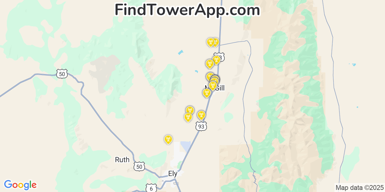 Map showing the 32 primary AT&T cell tower locations detected in Mcgill, Nevada with coverage radius and signal strength indicators