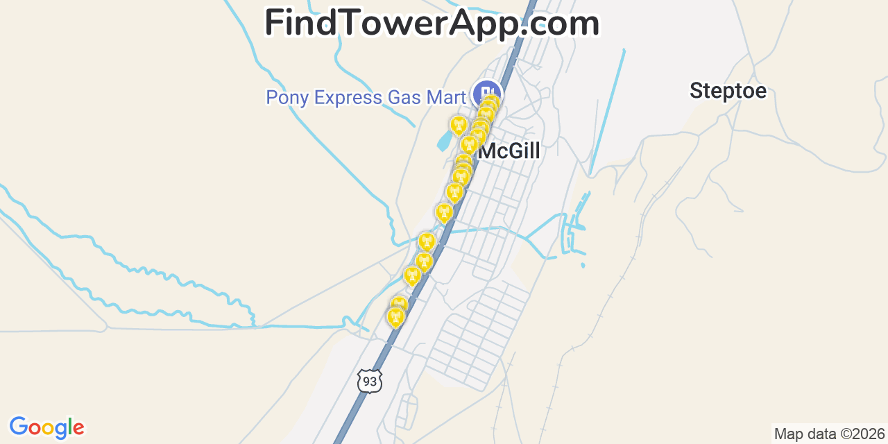 Map showing the 20 primary cell tower locations detected in Mcgill, Nevada from AT&T, Verizon, and T-Mobile networks