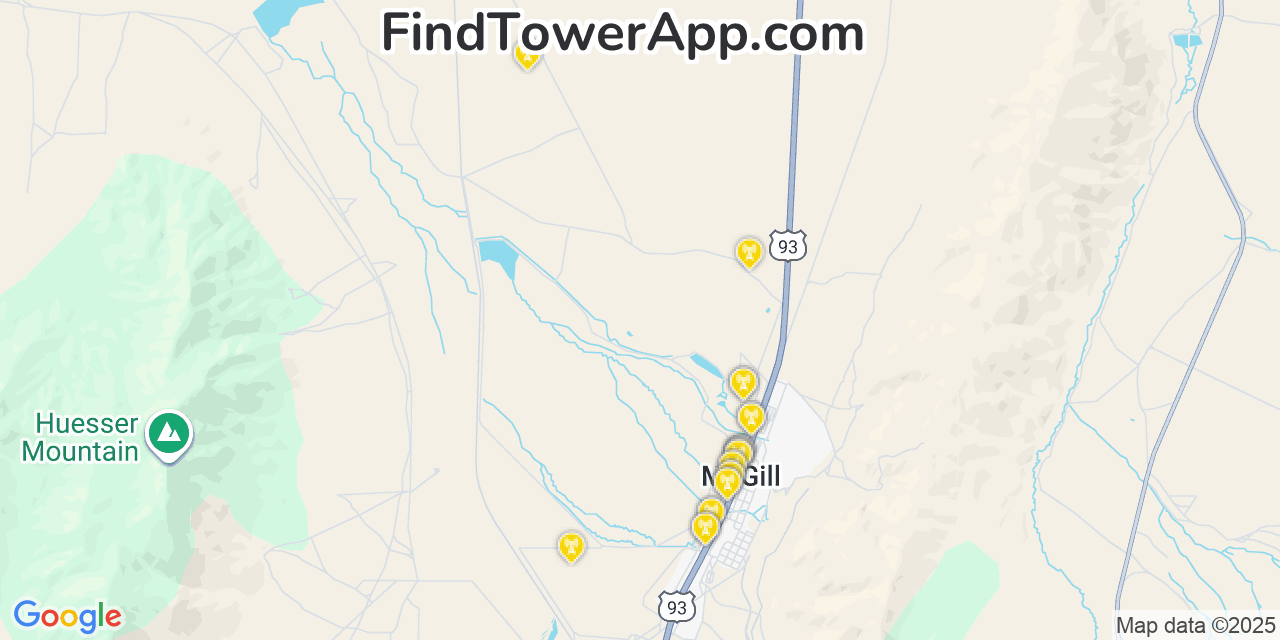 Map showing the 23 primary T-Mobile cell tower locations detected in Mcgill, Nevada with coverage radius and signal strength indicators
