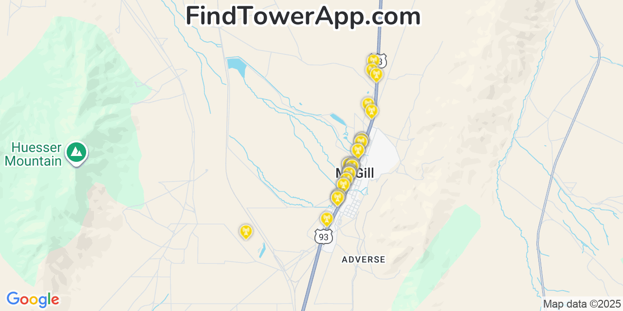 Map showing the 33 primary Verizon cell tower locations detected in Mcgill, Nevada with coverage radius and signal strength indicators