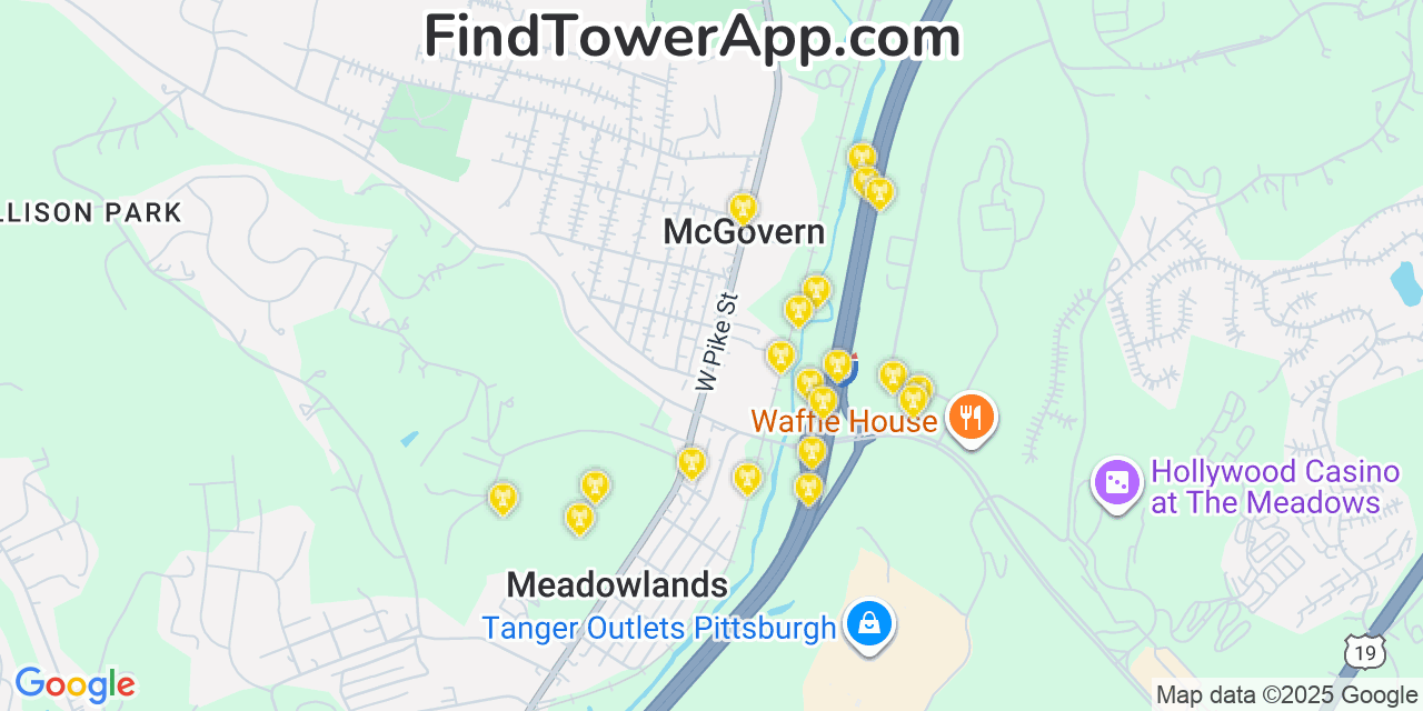 Map showing the 20 primary AT&T cell tower locations detected in Mcgovern, Pennsylvania with coverage radius and signal strength indicators