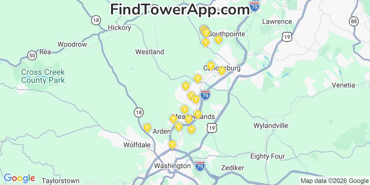 Map showing the 20 primary cell tower locations detected in Mcgovern, Pennsylvania from AT&T, Verizon, and T-Mobile networks