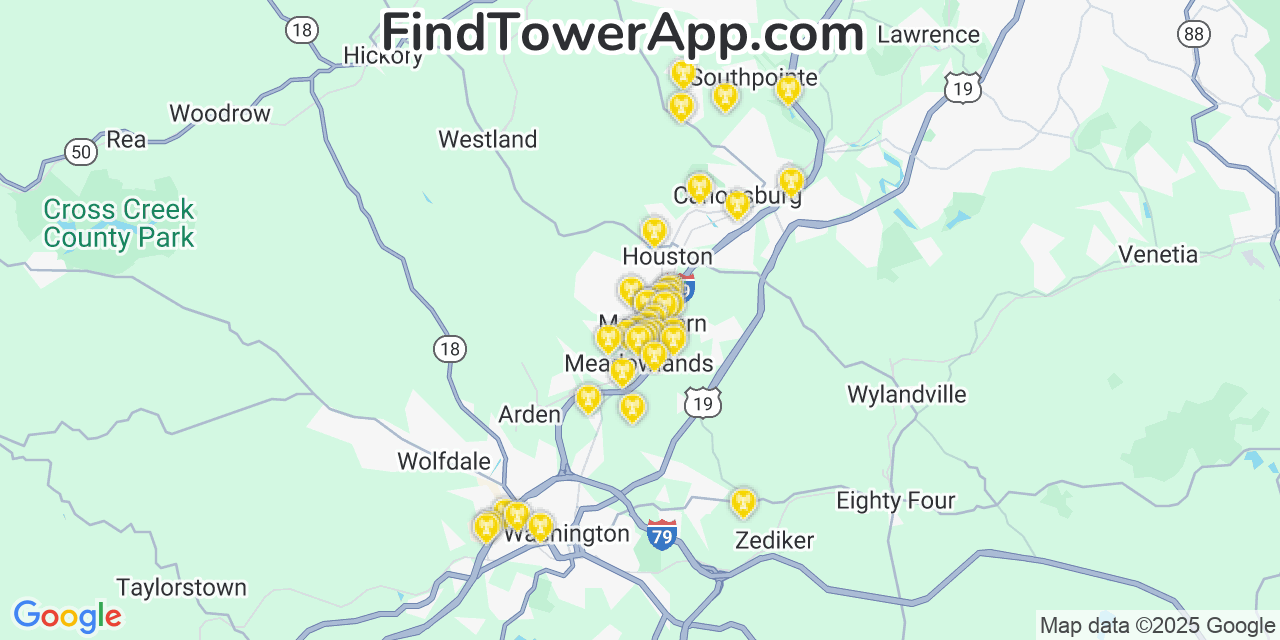 Map showing the 21 primary T-Mobile cell tower locations detected in Mcgovern, Pennsylvania with coverage radius and signal strength indicators