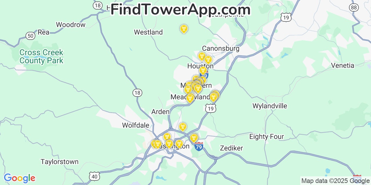 Map showing the 20 primary Verizon cell tower locations detected in Mcgovern, Pennsylvania with coverage radius and signal strength indicators