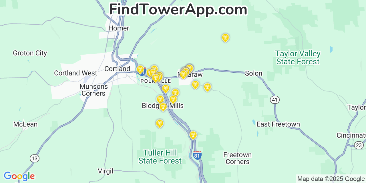 Map showing the 25 primary AT&T cell tower locations detected in Mcgraw, New York with coverage radius and signal strength indicators