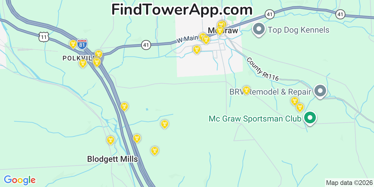 Map showing the 20 primary cell tower locations detected in Mcgraw, New York from AT&T, Verizon, and T-Mobile networks