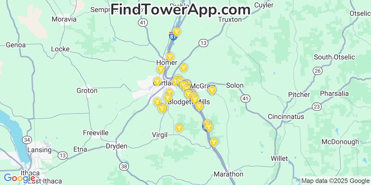 Map showing the 34 primary T-Mobile cell tower locations detected in Mcgraw, New York with coverage radius and signal strength indicators