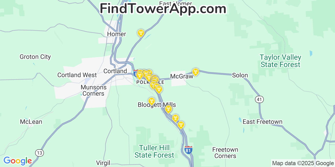 Map showing the 20 primary Verizon cell tower locations detected in Mcgraw, New York with coverage radius and signal strength indicators