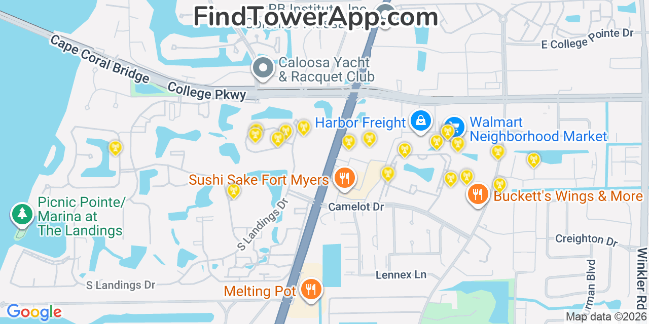 Map showing the 20 primary cell tower locations detected in Mcgregor, Florida from AT&T, Verizon, and T-Mobile networks