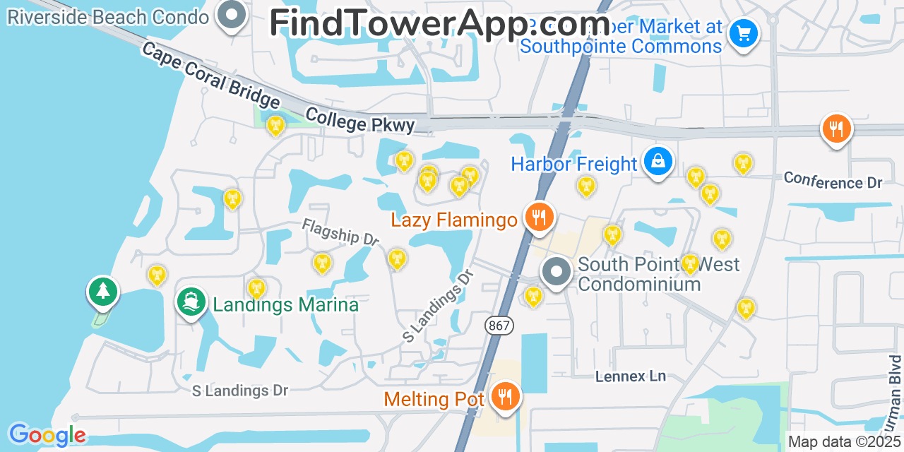 Map showing the 20 primary T-Mobile cell tower locations detected in Mcgregor, Florida with coverage radius and signal strength indicators