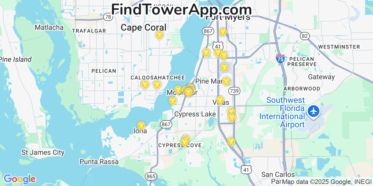 Map showing the 26 primary Verizon cell tower locations detected in Mcgregor, Florida with coverage radius and signal strength indicators