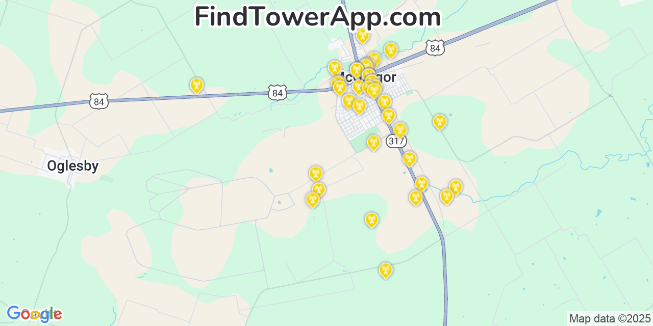 Map showing the 38 primary AT&T cell tower locations detected in Mcgregor, Texas with coverage radius and signal strength indicators