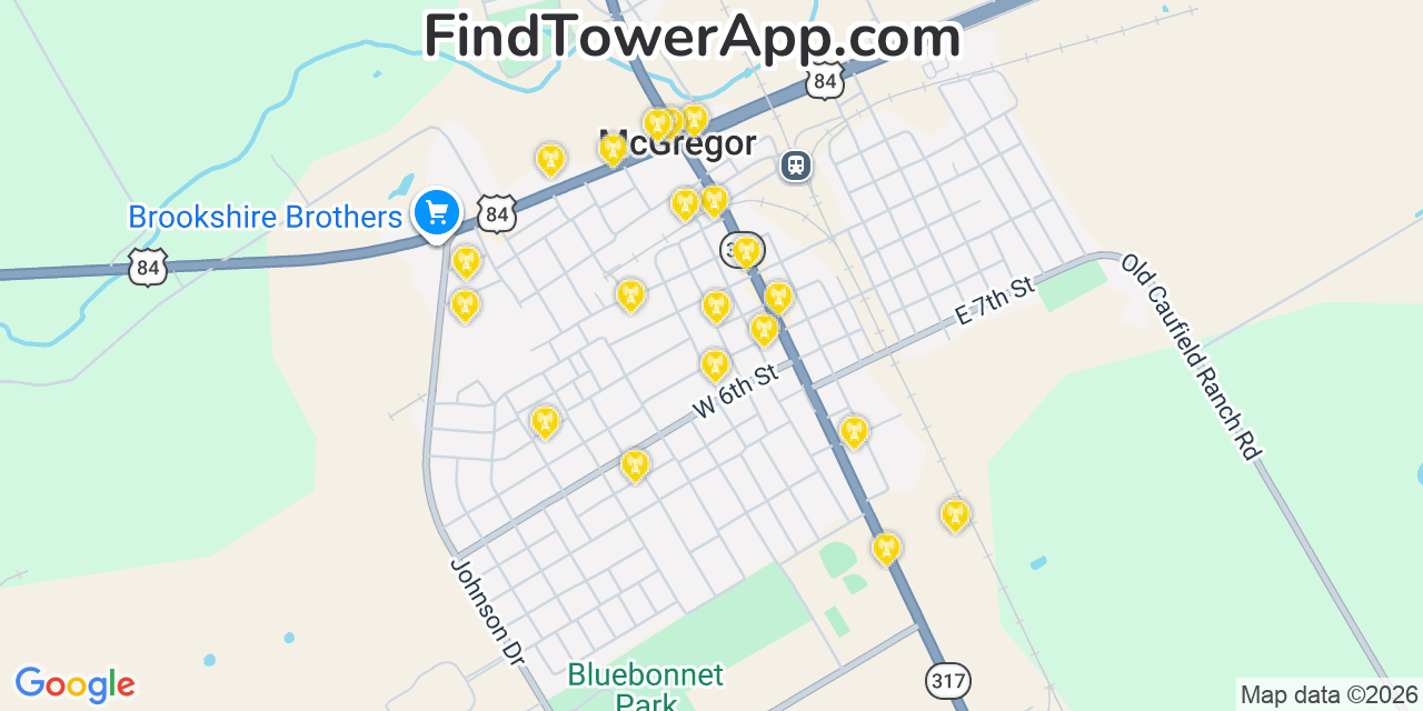 Map showing the 20 primary cell tower locations detected in Mcgregor, Texas from AT&T, Verizon, and T-Mobile networks