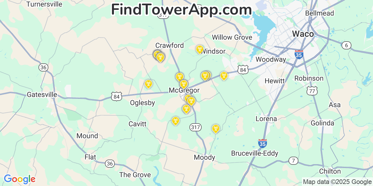 Map showing the 30 primary Verizon cell tower locations detected in Mcgregor, Texas with coverage radius and signal strength indicators