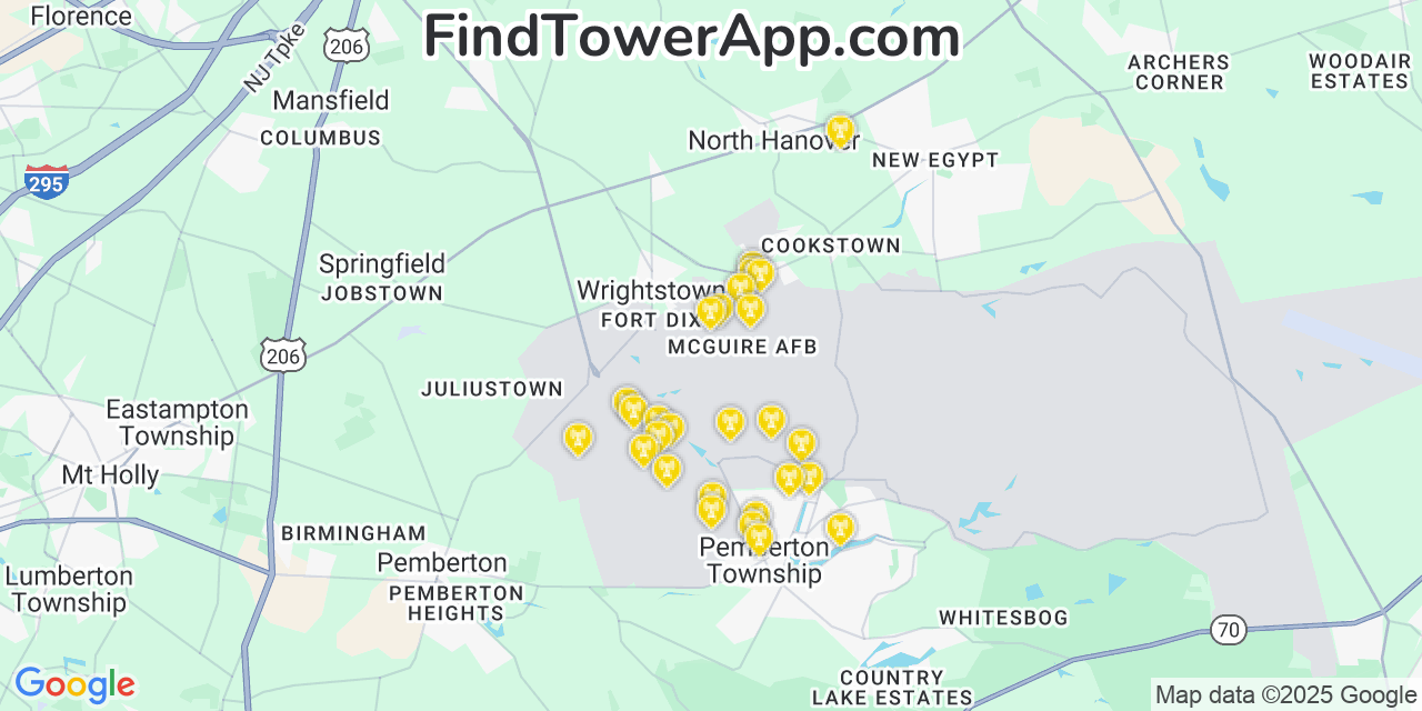 Map showing the 27 primary AT&T cell tower locations detected in Mcguire Afb, New Jersey with coverage radius and signal strength indicators
