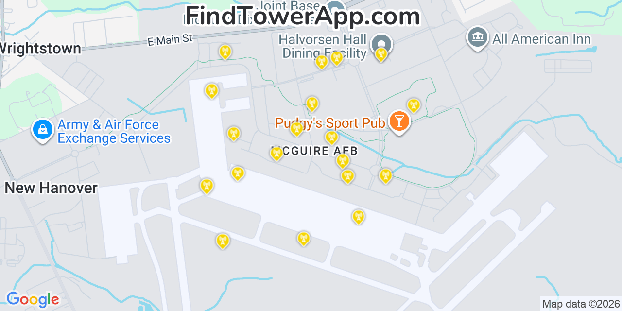 Map showing the 20 primary cell tower locations detected in Mcguire Afb, New Jersey from AT&T, Verizon, and T-Mobile networks