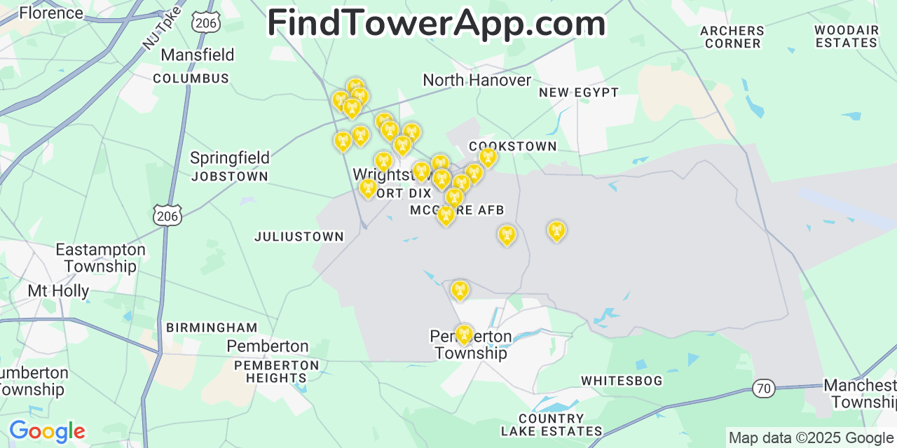 Map showing the 25 primary T-Mobile cell tower locations detected in Mcguire Afb, New Jersey with coverage radius and signal strength indicators