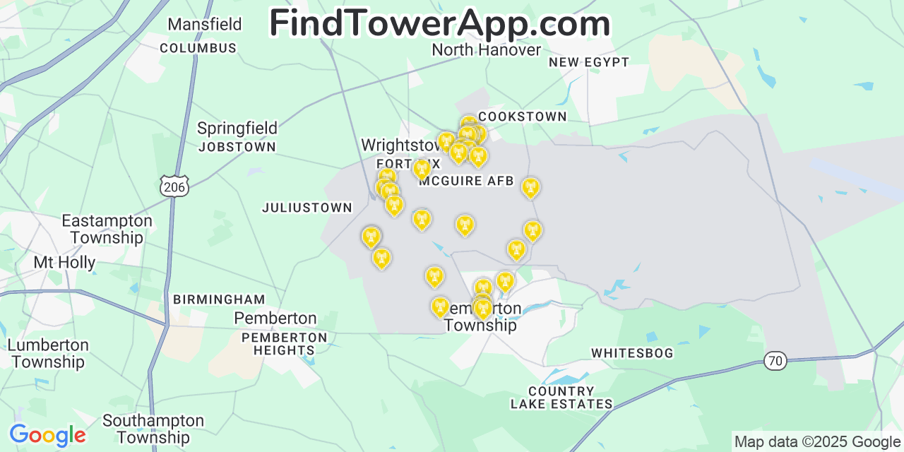 Map showing the 30 primary Verizon cell tower locations detected in Mcguire Afb, New Jersey with coverage radius and signal strength indicators