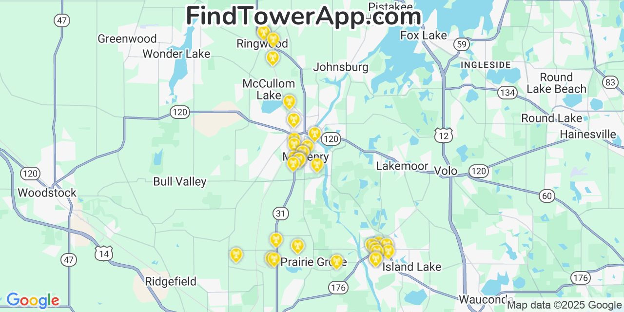 Map showing the 25 primary AT&T cell tower locations detected in Mchenry, Illinois with coverage radius and signal strength indicators