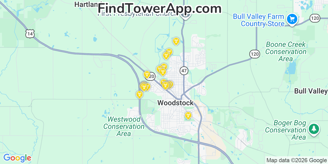 Map showing the 20 primary cell tower locations detected in Mchenry, Illinois from AT&T, Verizon, and T-Mobile networks