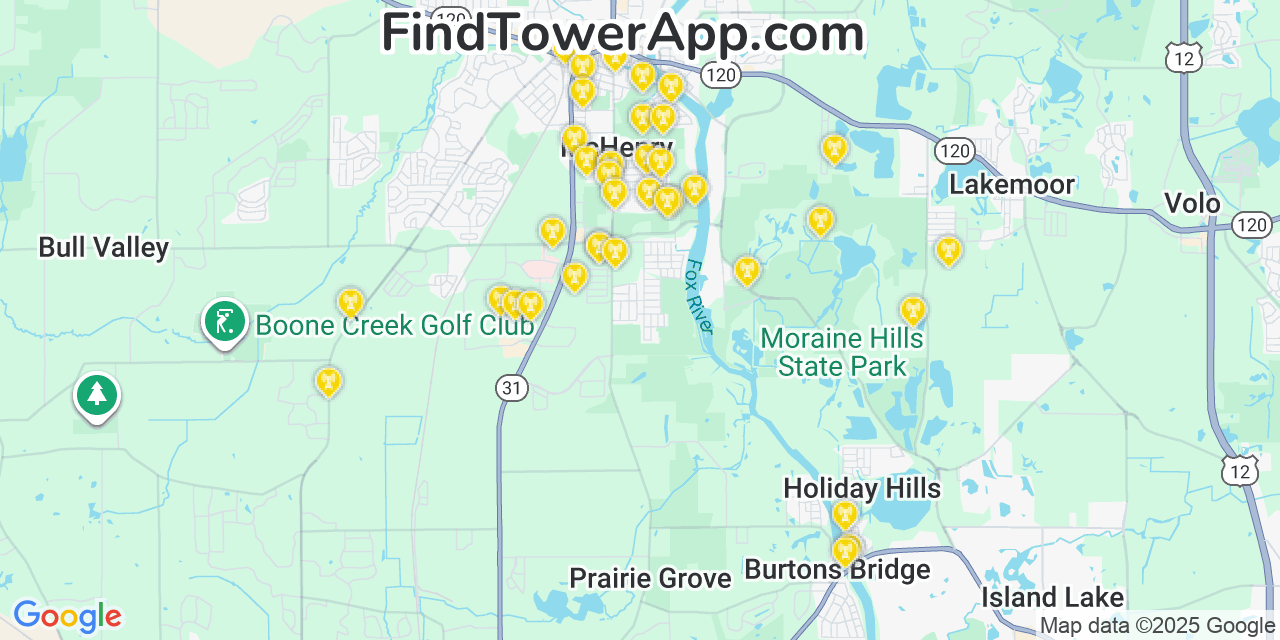 Map showing the 25 primary T-Mobile cell tower locations detected in Mchenry, Illinois with coverage radius and signal strength indicators