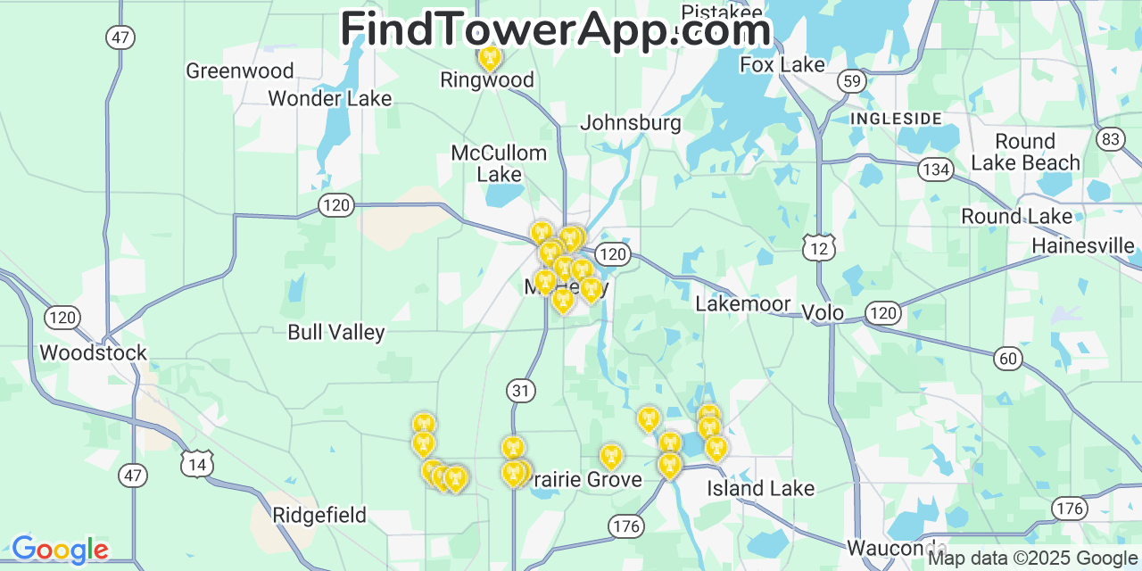 Map showing the 21 primary Verizon cell tower locations detected in Mchenry, Illinois with coverage radius and signal strength indicators