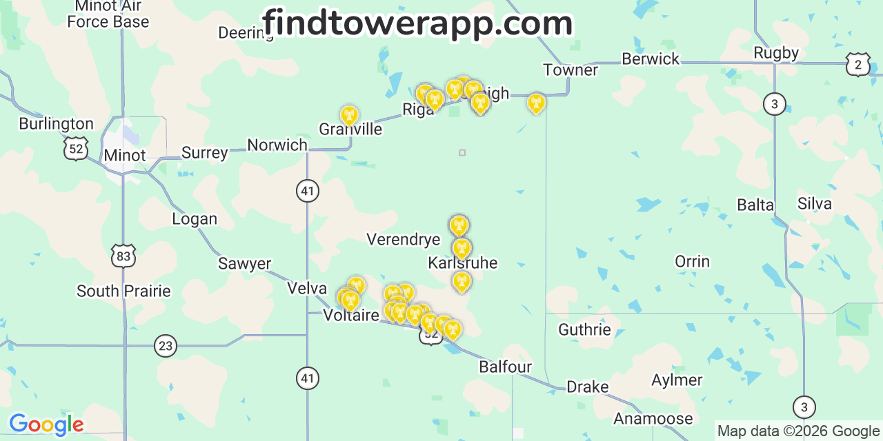 Map showing the 35 primary AT&T cell tower locations detected in Mchenry, North Dakota with coverage radius and signal strength indicators
