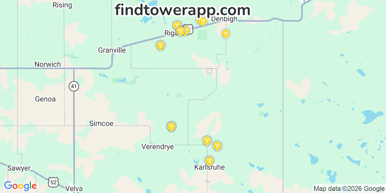 Map showing the 20 primary cell tower locations detected in Mchenry, North Dakota from AT&T, Verizon, and T-Mobile networks