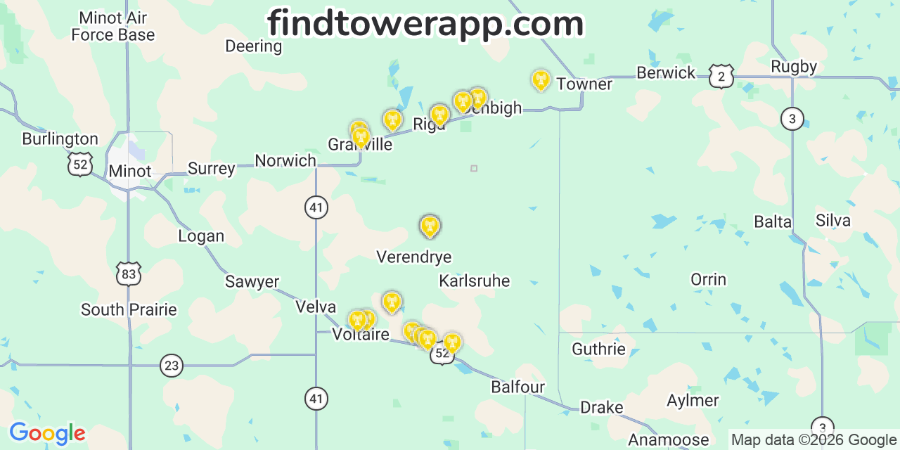 Map showing the 24 primary T-Mobile cell tower locations detected in Mchenry, North Dakota with coverage radius and signal strength indicators