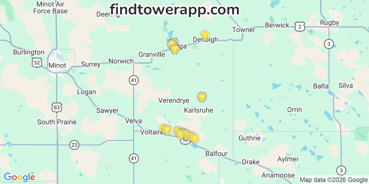 Map showing the 29 primary Verizon cell tower locations detected in Mchenry, North Dakota with coverage radius and signal strength indicators