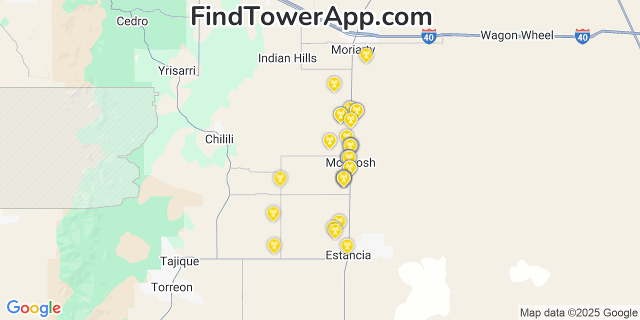 Map showing the 39 primary AT&T cell tower locations detected in Mcintosh, New Mexico with coverage radius and signal strength indicators