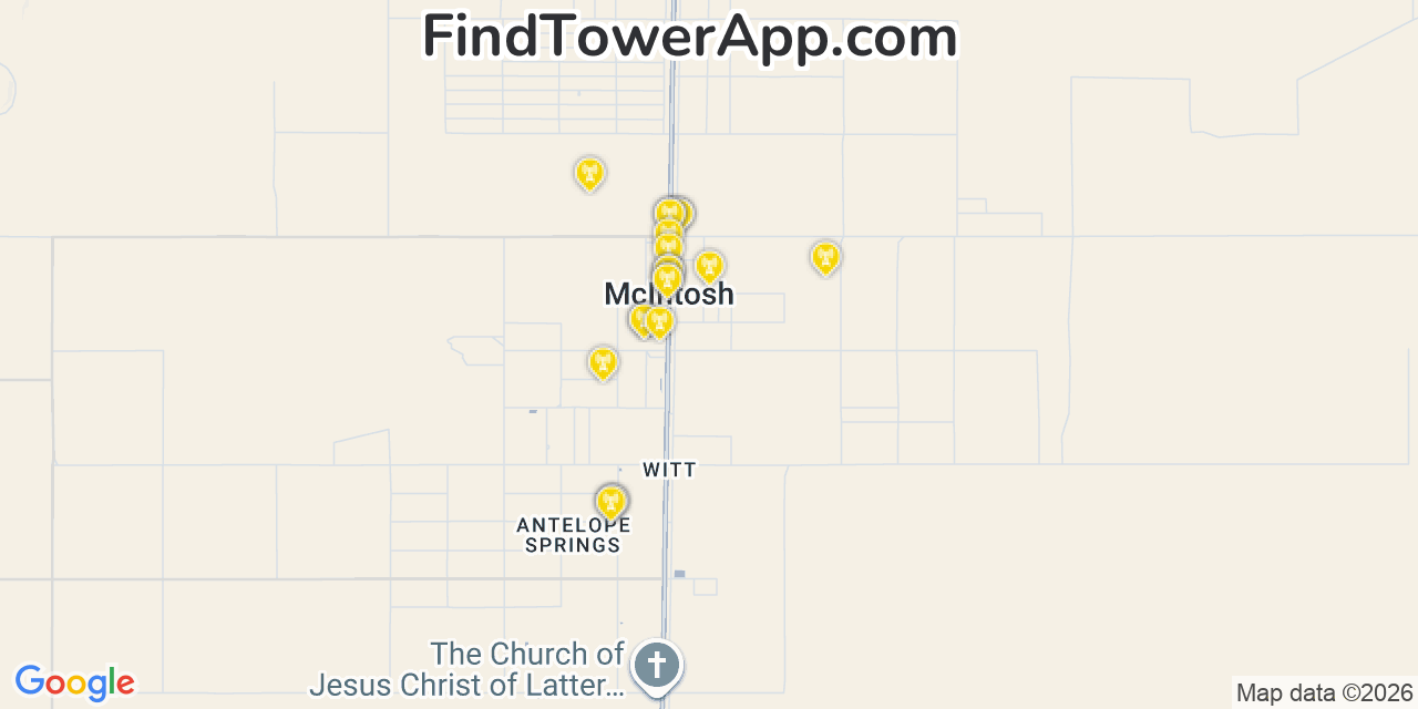 Map showing the 20 primary cell tower locations detected in Mcintosh, New Mexico from AT&T, Verizon, and T-Mobile networks