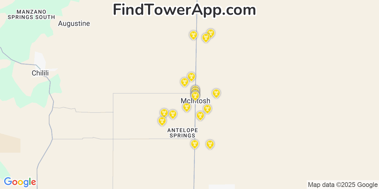 Map showing the 22 primary T-Mobile cell tower locations detected in Mcintosh, New Mexico with coverage radius and signal strength indicators